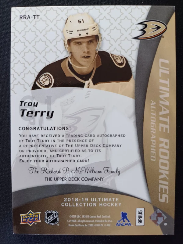 2018/2019 Upper Deck Ultimate Collection Ultimate Rookies Autographed RRA-TT Troy Terry AUTO 148/175 - Image 2