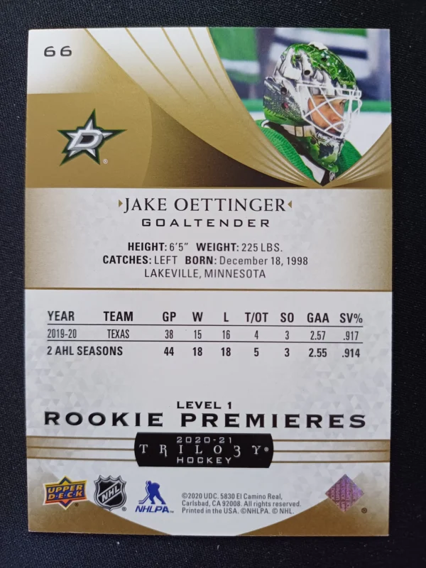 2020/2021 Upper Deck Trilogy Level 1 Rookie Premieres 66 Jake Oettinger 304/999 - Image 2