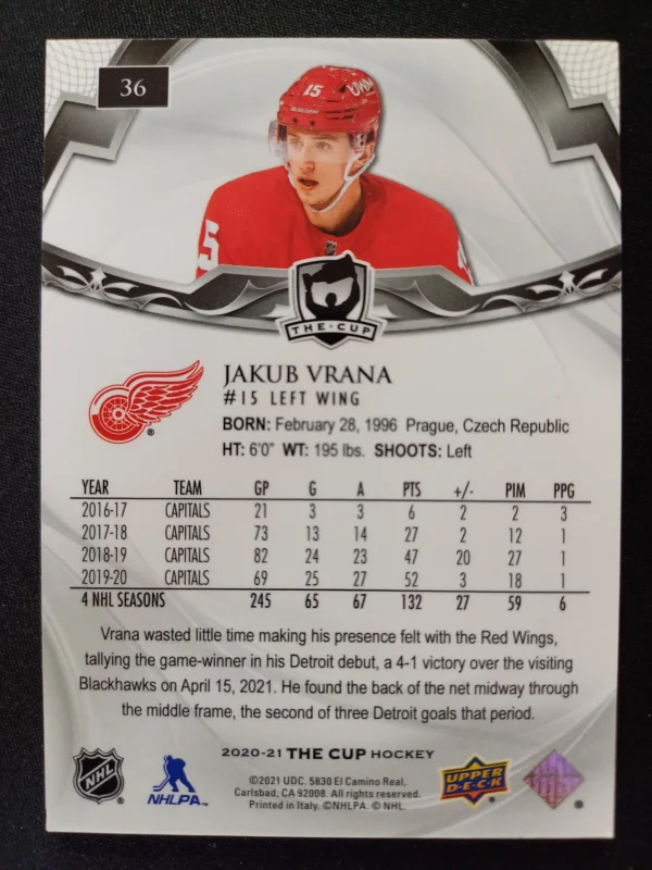 2020/2021 Upper Deck The Cup Base 36 Jakub Vrana Paralel 184/249 - Image 2