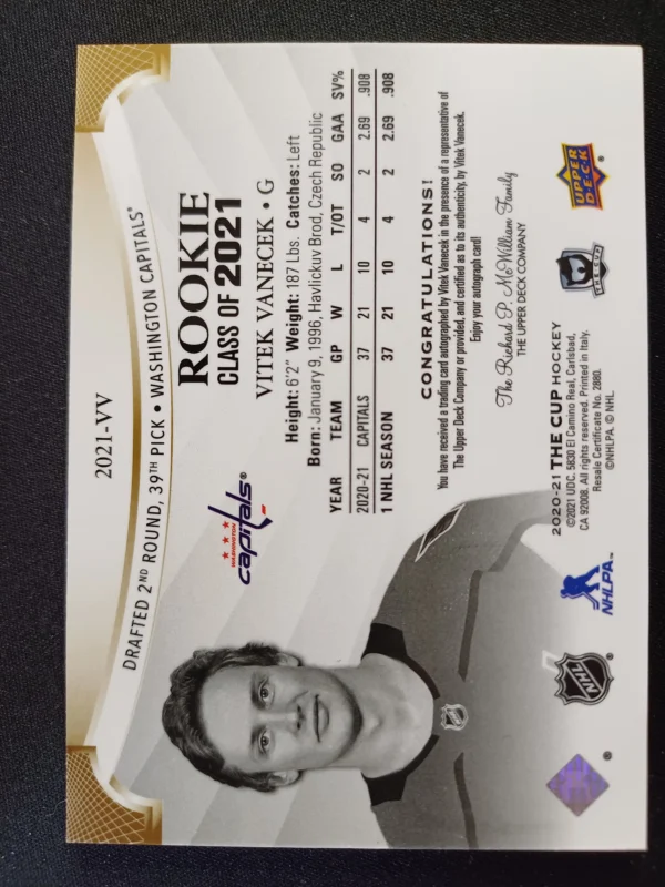 2020/2021 Upper Deck The Cup Rookie Class of 2021 2021-VV Vitek Vanecek AUTO 24/50 - Image 2