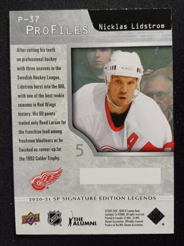 2020/2021 Upper Deck SP Signature Editions Legends ProFiles P-37 Nicklas Lidstrom Inzert - Image 2