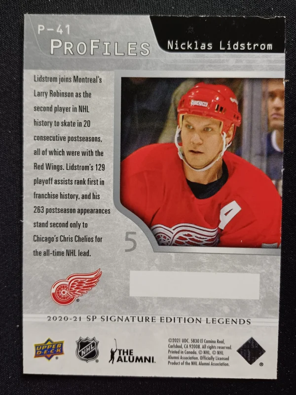 2020/2021 Upper Deck SP Signature Editions Legends ProFiles P-41 Nicklas Lidstrom Inzert - Image 2