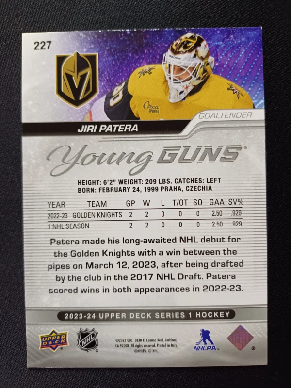 2023/2024 Upper Deck Series 1 Young Guns 227 Jiri Patera Inzert - Image 2