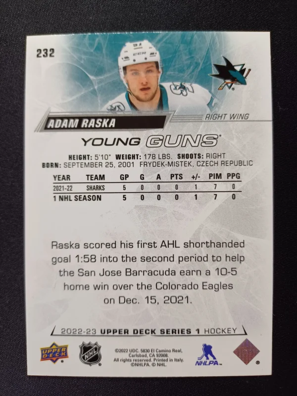 2022/2023 Upper Deck Series 1 Young Guns 232 Adam Raska Inzert - Image 2