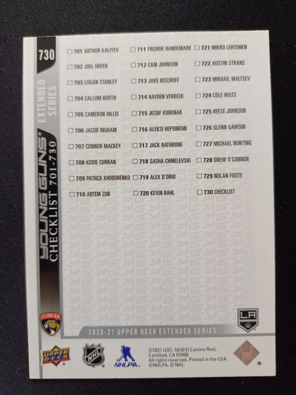 2020/2021 Upper Deck Extended Young Guns 730 Checklist Inzert - Image 2