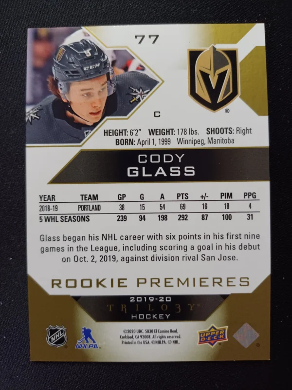 2019/2020 Upper Deck Trilogy Level 1 Rookie Premieres 77 Cody Glass Inzert 964/999 - Image 2