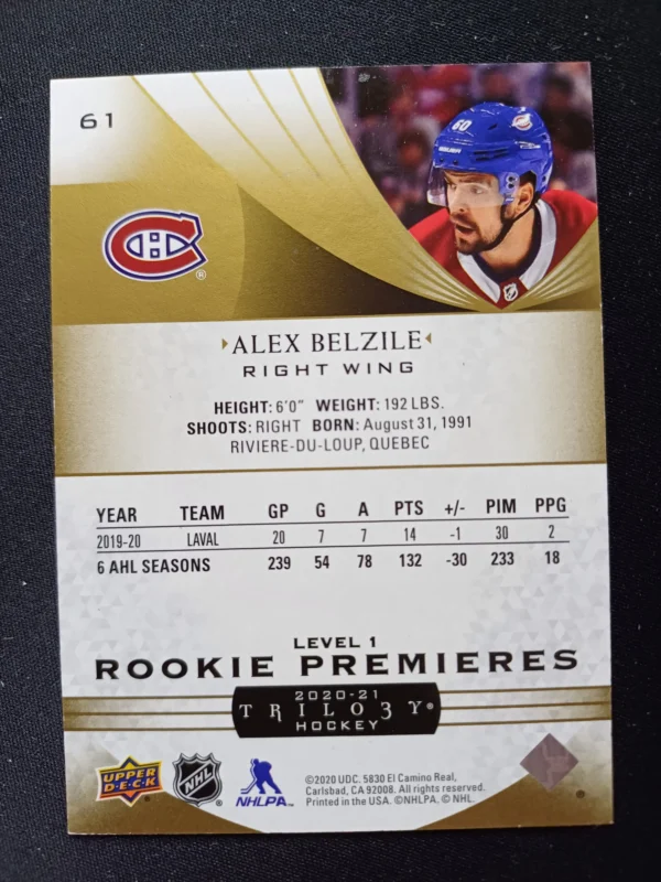 2020/2021 Upper Deck Trilogy Level 1 Rookie Premieres 61 Alex Belzile Inzert 434/999 - Image 2