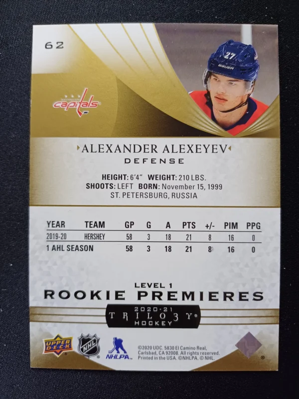 2020/2021 Upper Deck Trilogy Level 1 Rookie Premieres 62 Alexander Alexeyev Inzert 768/999 - Image 2