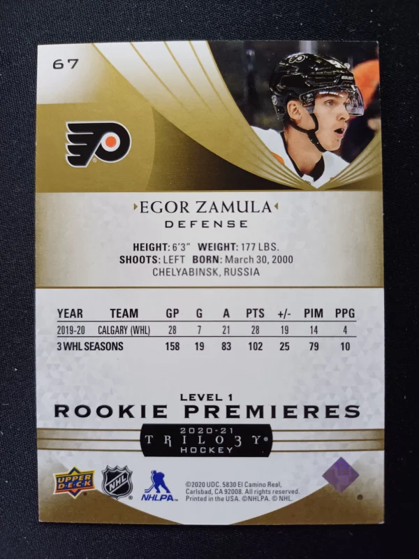 2020/2021 Upper Deck Trilogy Level 1 Rookie Premieres 67 Egor Zamula Inzert 586/999 - Image 2