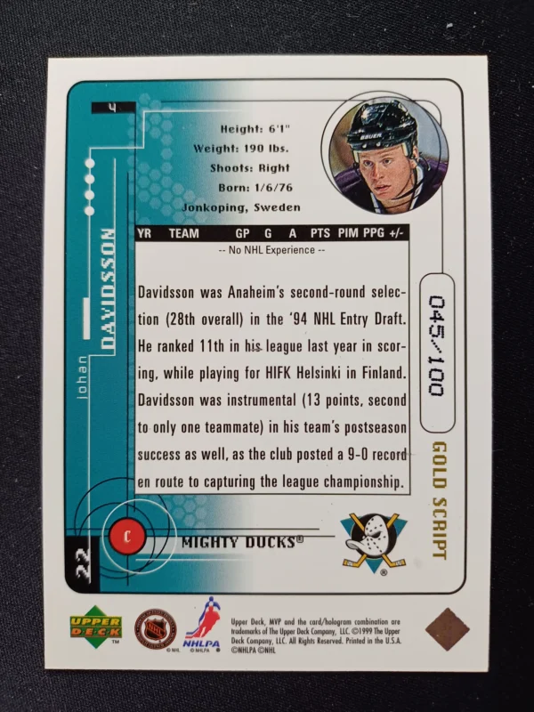 1998/1999 Upper Deck MVP Gold Script 4 Johan Davidsson Paralel 045/100 - Image 2