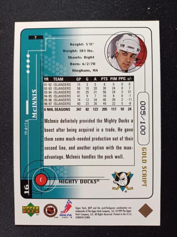 1998/1999 Upper Deck MVP Gold Script 7 Marty McInnis Paralel 005/100 - Image 2