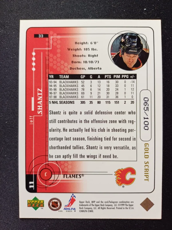 1998/1999 Upper Deck MVP Gold Script 33 Jeff Shantz Paralel 065/100 - Image 2