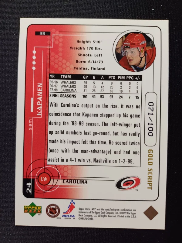 1998/1999 Upper Deck MVP Gold Script 38 Sami Kapanen Paralel 071/100 - Image 2