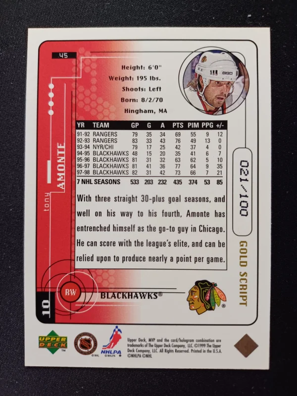 1998/1999 Upper Deck MVP Gold Script 45 Tony Amonte Paralel 021/100 - Image 2