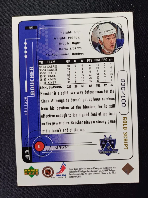 1998/1999 Upper Deck MVP Gold Script 99 Philippe Boucher Paralel 030/100 - Image 2