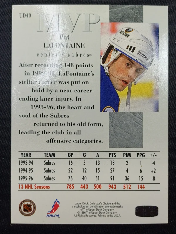 1996/1997 Upper Deck Series 1 MVP UD40 Pat LaFontaine Inzert - Image 2