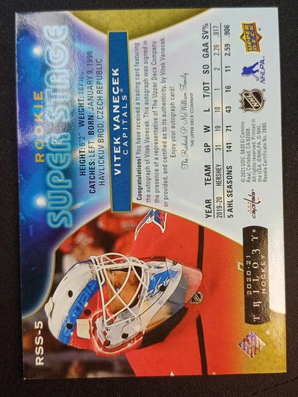 2020/2021 Upper Deck Trilogy Rookie Super Stage AUTO RSS5 Vitek Vanecek AUTO 28/65 - Image 2