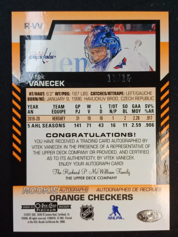2020/2021 Upper Deck OPC Platinum Orange Checkers AUTO RVV Vitek Vanecek AUTO 10/15 - Image 2