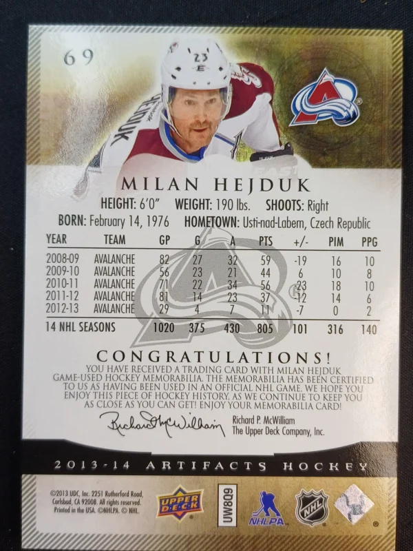2013/2014 Upper Deck Artifacts Black Patch 69 Milan Hejduk Patch 4/5 - Image 2