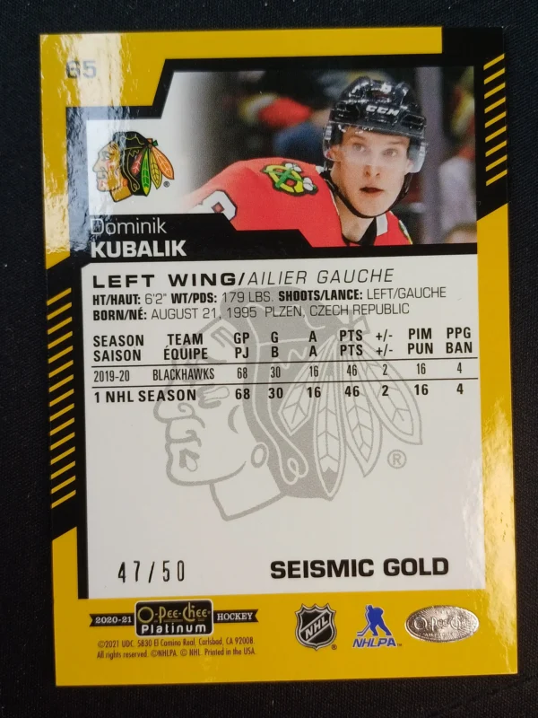 2020/2021 Upper Deck OPC Platinum Seismic Gold 65 Dominik Kubalik Paralel 47/50 - Image 2