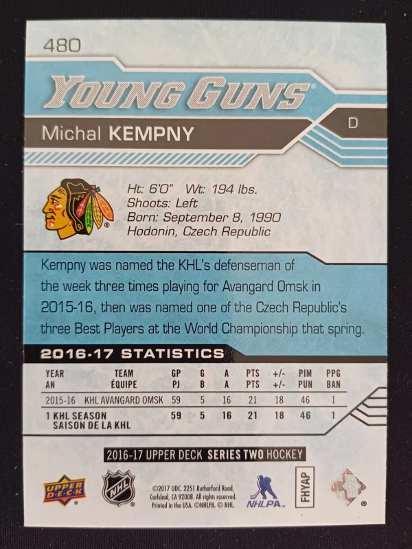 2016/2017 Upper Deck Series 2 Young Guns 480 Michal Kempny Inzert - Image 2
