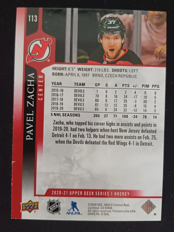 2020/2021 Upper Deck Series 1 Base Exclusives 113 Pavel Zacha Paralel 058/100 - Image 2