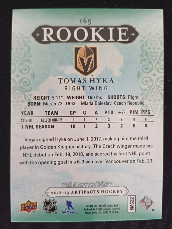 2018/2019 Upper Deck Artifacts Purple Rookie 165 Tomas Hyka Paralel 02/20 - Image 2