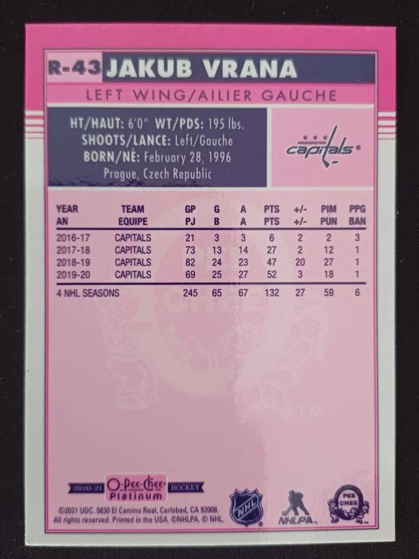 2020/2021 Upper Deck OPC Platinum Retro R-43 Jakub Vrana Inzert - Image 2