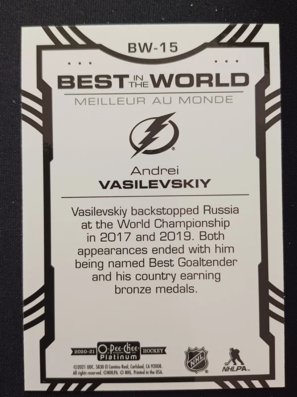 2020/2021 Upper Deck OPC Platinum Best in the World BW-15 Andrei Vasilevskiy Inzert - Image 2