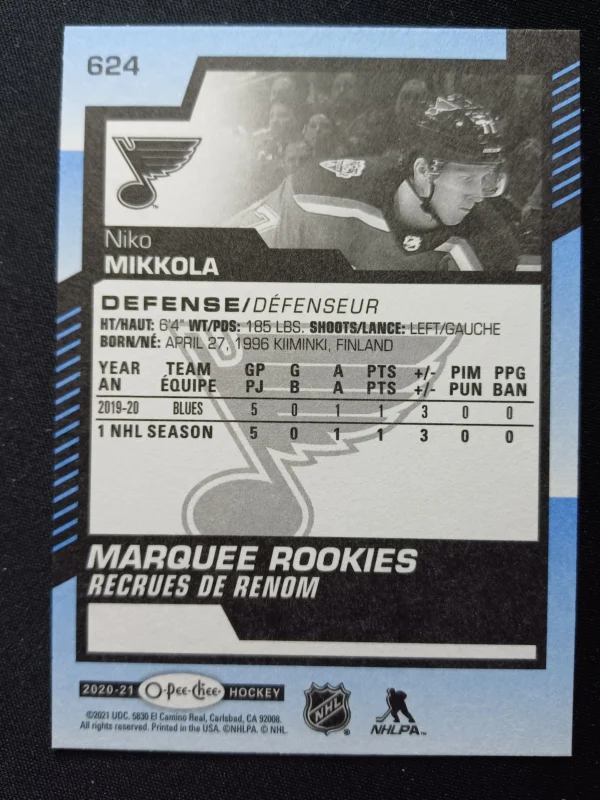 2020/2021 Upper Deck O-Pee-Chee Blue Border Marquee Rookie 624 Niko Mikkola Paralel - Image 2