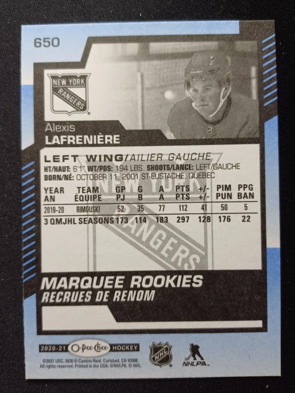 2020/2021 Upper Deck O-Pee-Chee Blue Border Marquee Rookie 650 Alexis Lafreniere Paralel - Image 2