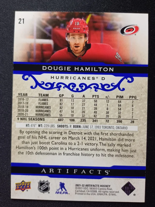 2021/2022 Upper Deck Artifacts Royal Blue 21 Dougie Hamilton Paralel 005/199 - Image 2