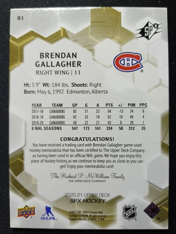 2020/2021 Upper Deck SPx Base Materials 81 Brendan Gallagher Jersey - Image 2