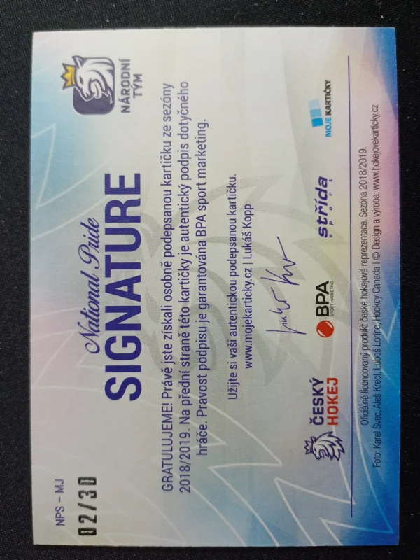2018/2019 Moje Kartičky Národní Tým National Pride NPS-MJ Jan Mysak AUTO 02/30 - Image 2