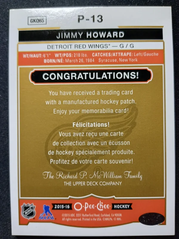 2015/2016 Upper Deck O-Pee-Chee Manufactured Patches P-13 Jimmy Howard Patch - Image 2