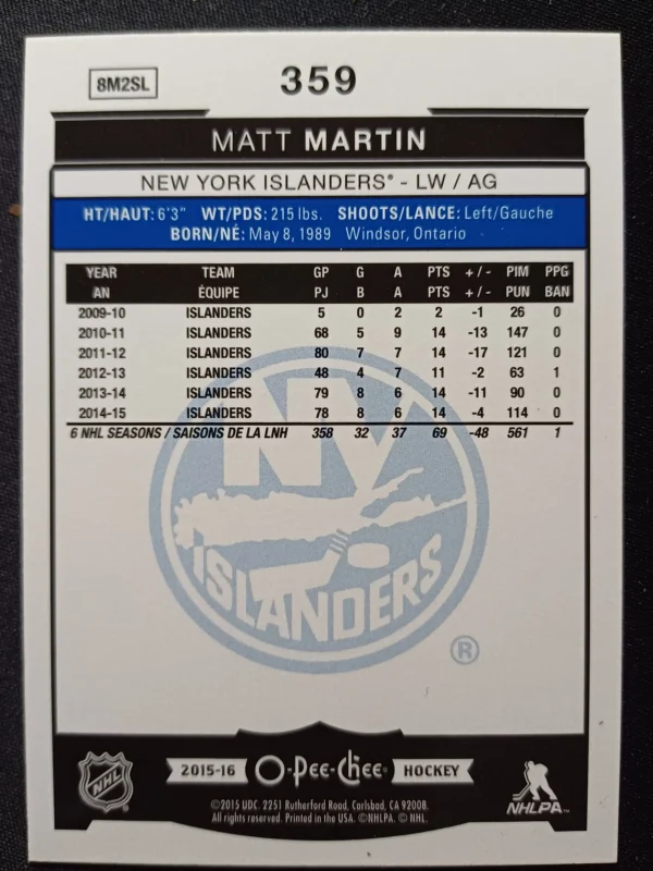 2015/2016 Upper Deck O-Pee-Chee Rainbow Foil 359 Matt Martin Paralel - Image 2
