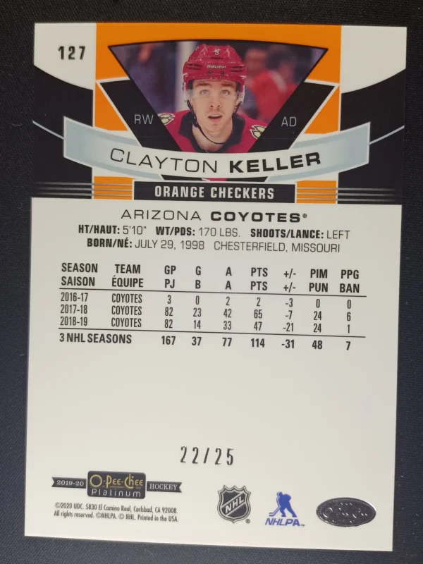 2019/2020 Upper Deck OPC Platinum Orange Checkers 127 Clayton Keller Paralel 22/25 - Image 2