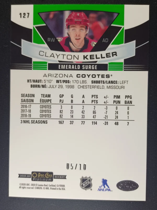 2019/2020 Upper Deck OPC Platinum Emerald Surge 127 Clayton Keller Paralel 05/10 - Image 2