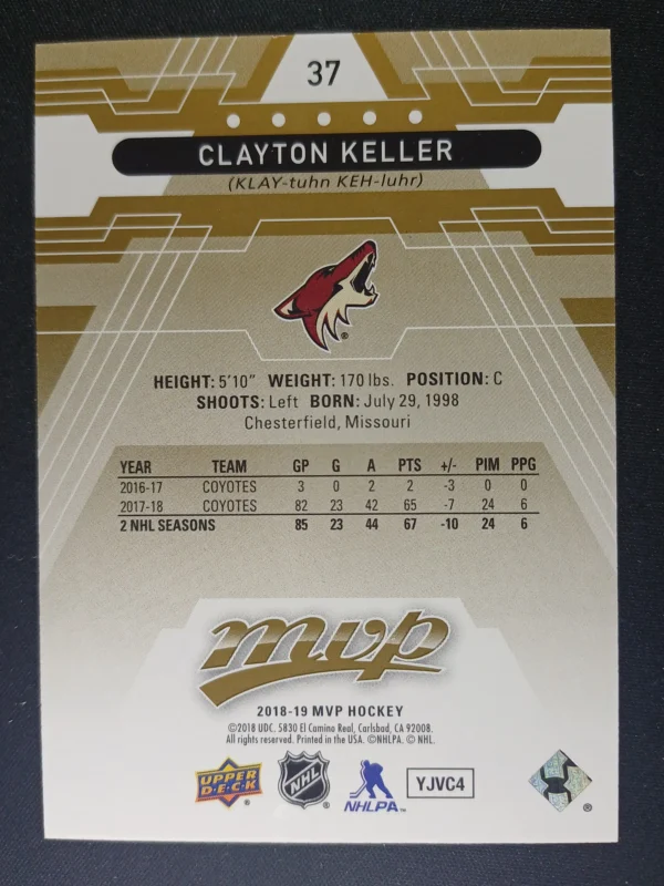 2018/2019 Upper Deck MVP Gold Script 37 Clayton Keller Paralel 148/150 - Image 2