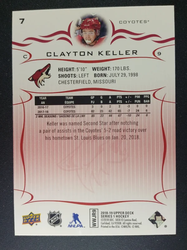 2018/2019 Upper Deck Series 1 Base Exclusives 7 Clayton Keller Paralel 019/100 - Image 2