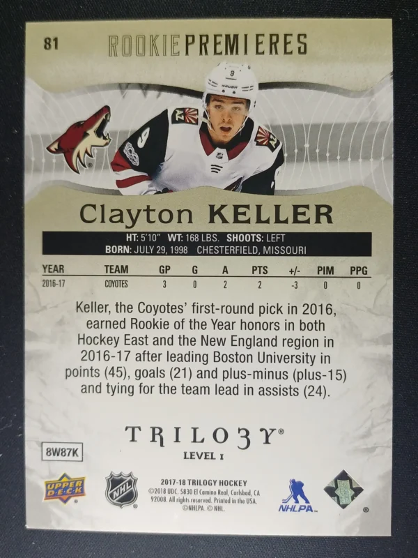 2017/2018 Upper Deck Trilogy Level 1 Rookie Premieres 81 Clayton Keller Inzert 489/999 - Image 2