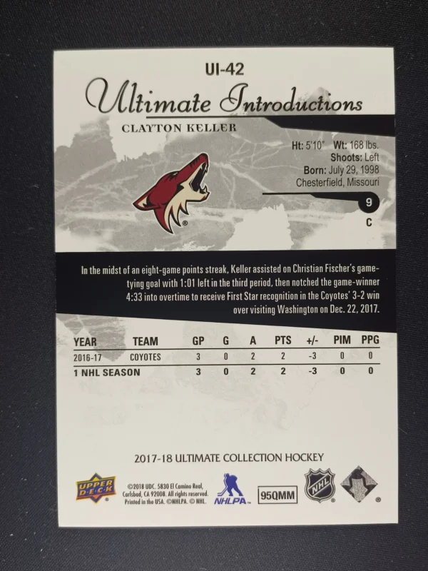 2017/2018 Upper Deck Ultimate Collection Ultimate Introductions UI-42 Clayton Keller Inzert - Image 2