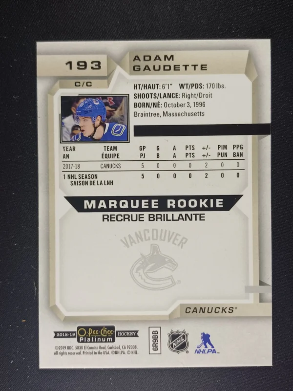 2018/2019 Upper Deck OPC Platinum Marquee Rookie 193 Adam Gaudette - Image 2