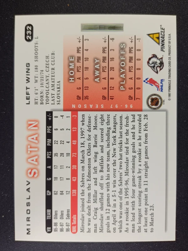 1997/1998 Pinnacle Score Base 232 Miroslav Satan - Image 2