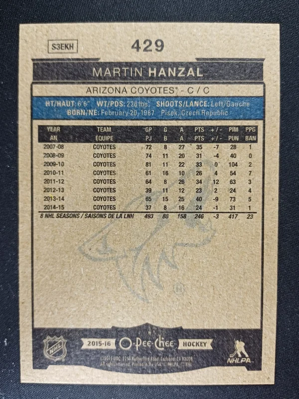 2015/2016 Upper Deck O-Pee-Chee Base 429 Martin Hanzal - Image 2