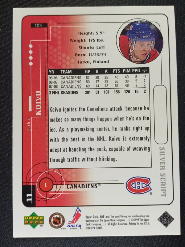 1998/1999 Upper Deck MVP Silver Script 104 Saku Koivu Paralel - Image 2