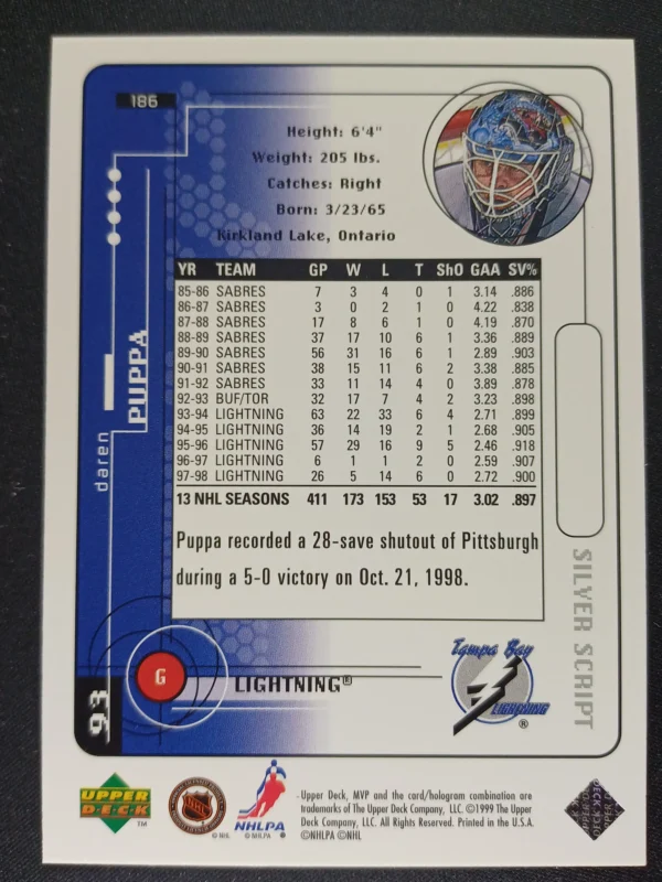 1998/1999 Upper Deck MVP Silver Script 186 Daren Puppa Paralel - Image 2