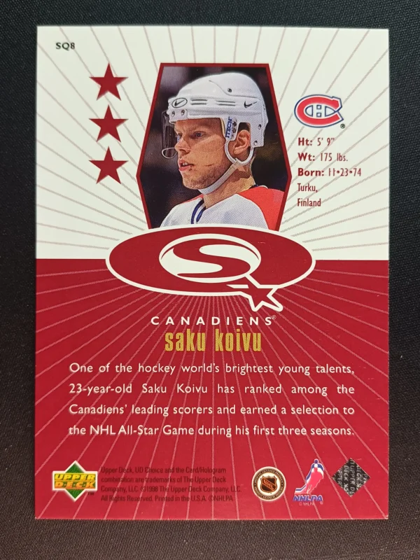 1998/1999 Upper Deck UD Choice Starquest Red SQ8 Saku Koivu Inzert - Image 2