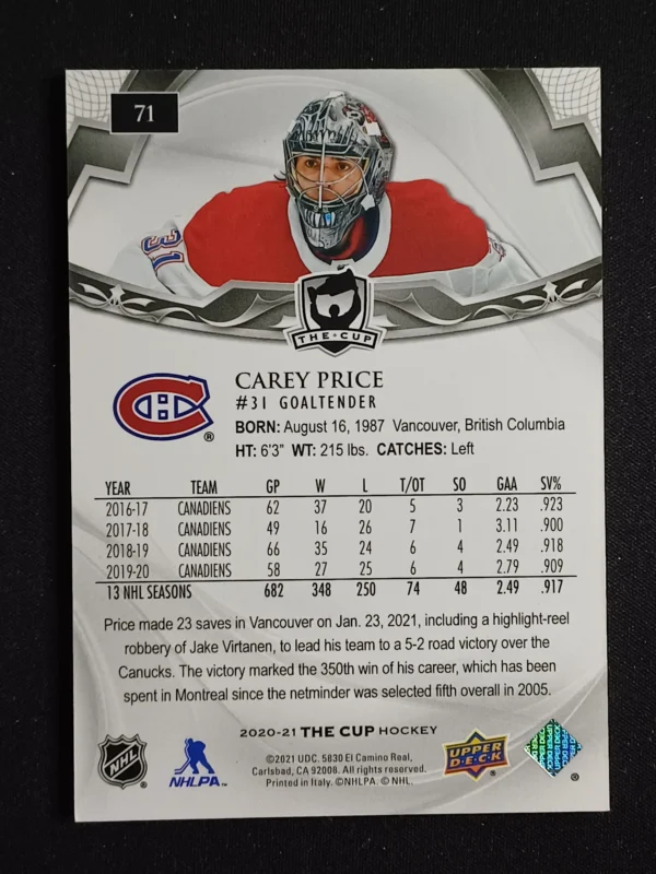 2020/2021 Upper Deck The Cup Base 71 Carey Price 148/249 - Image 2