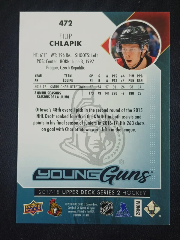2017/2018 Upper Deck Series 2 Young Guns 472 Filip Chlapik Inzert - Image 2